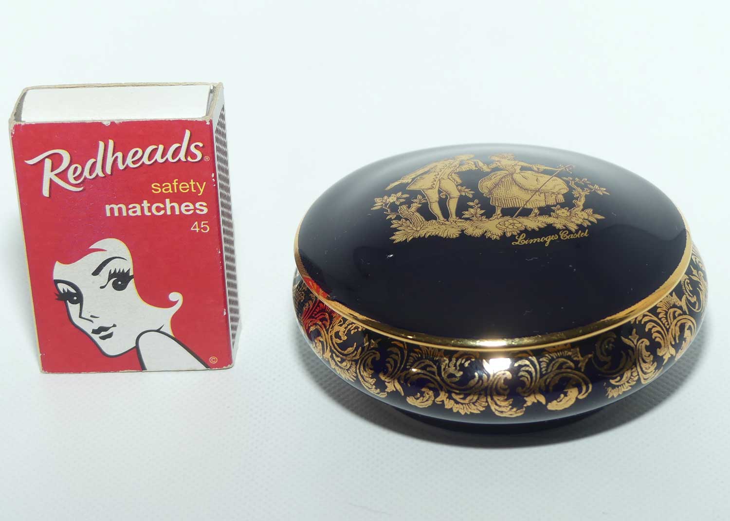 Limoges Castel France Blue and Gilt round trinket box | Traditional Courting Scene