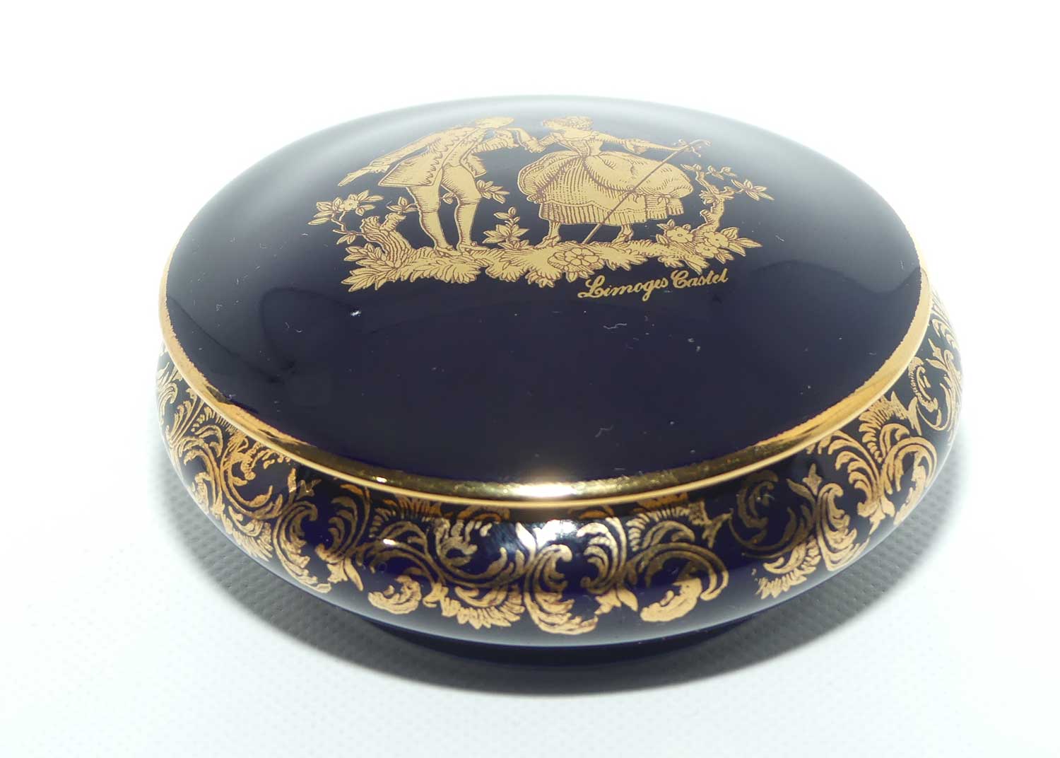 Limoges Castel France Blue and Gilt round trinket box | Traditional Courting Scene