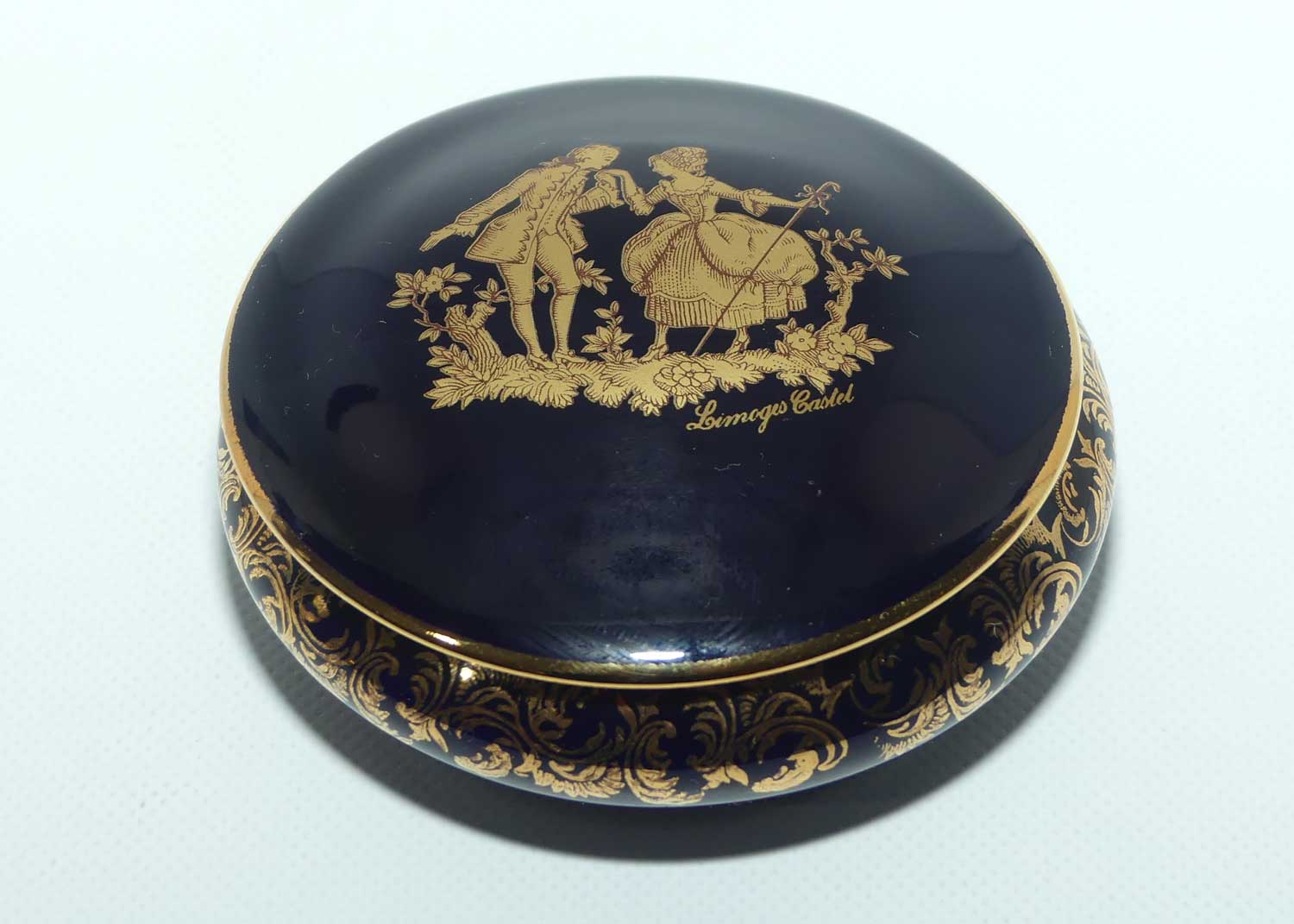 Limoges Castel France Blue and Gilt round trinket box | Traditional Courting Scene
