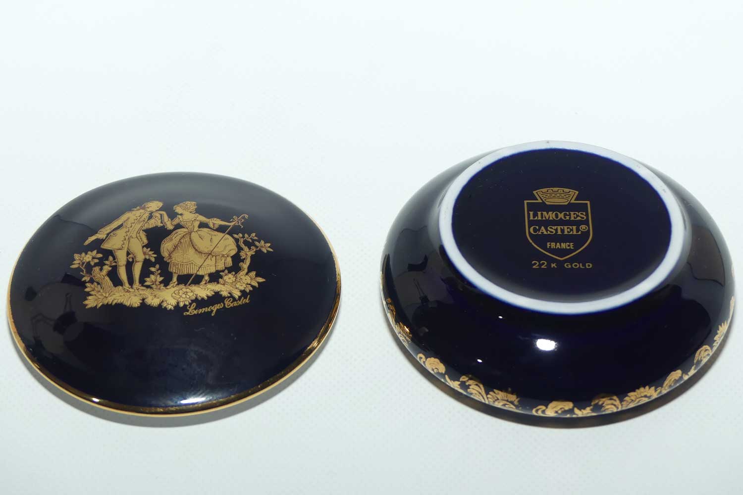 Limoges Castel France Blue and Gilt round trinket box | Traditional Courting Scene