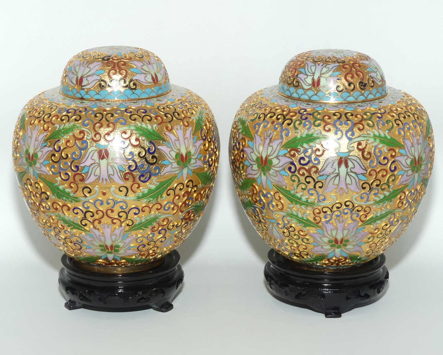 Pair of Mid Century Champleve Cloisonne on Brass Ginger Jars on wooden bases