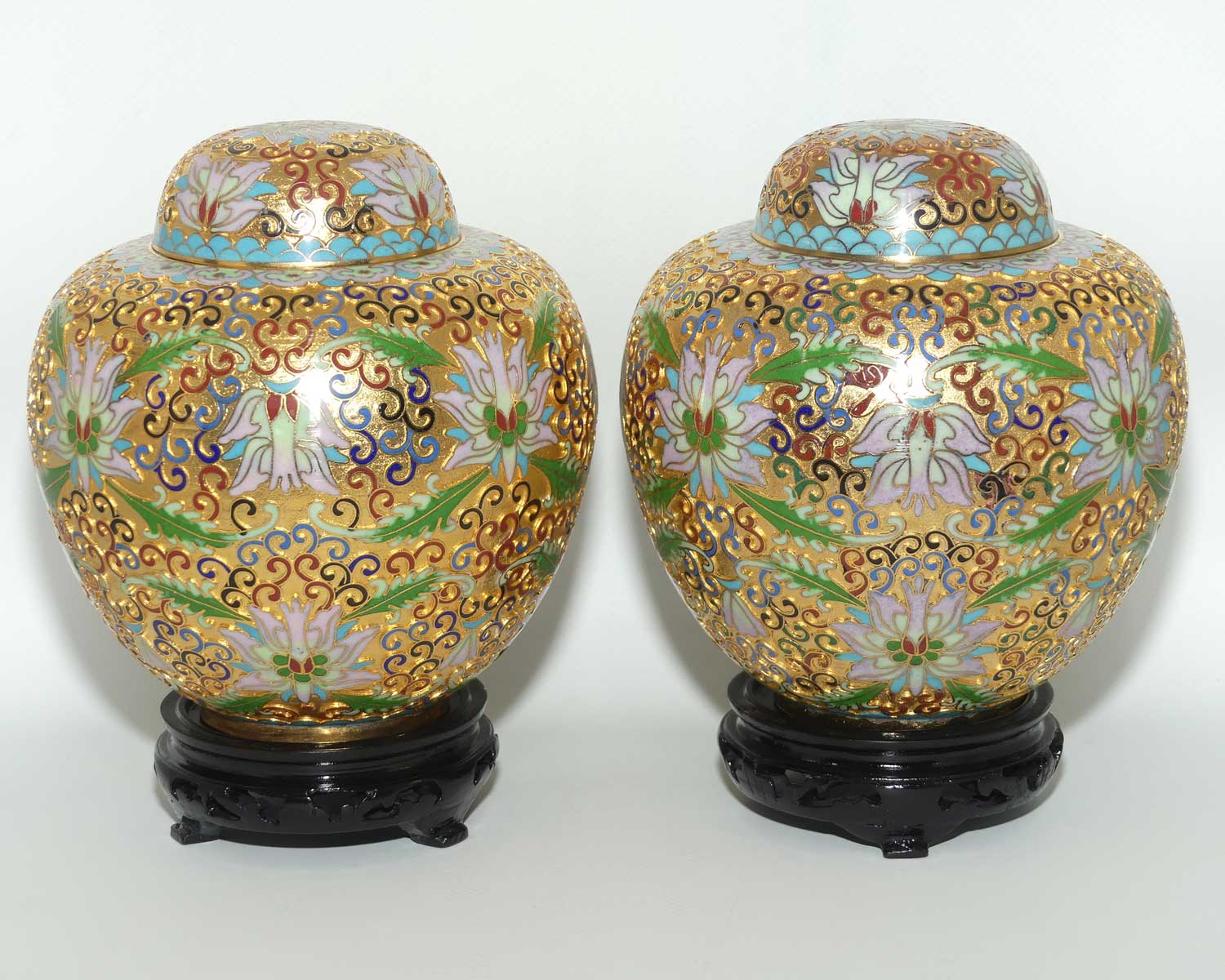 Pair of Mid Century Champleve Cloisonne on Brass Ginger Jars on wooden bases