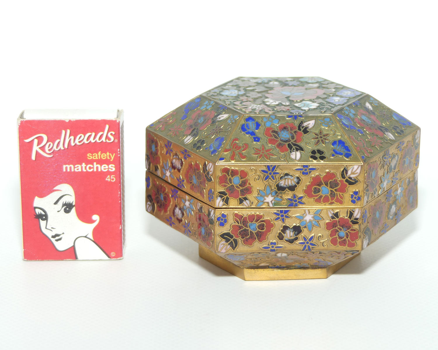 Early to Mid 20th Century Champleve Cloisonne hexagonal trinket box | Floral pattern