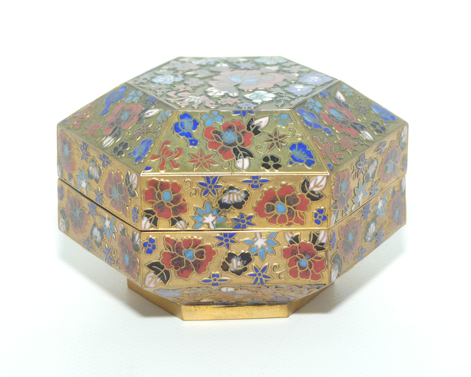 Early to Mid 20th Century Champleve Cloisonne hexagonal trinket box | Floral pattern