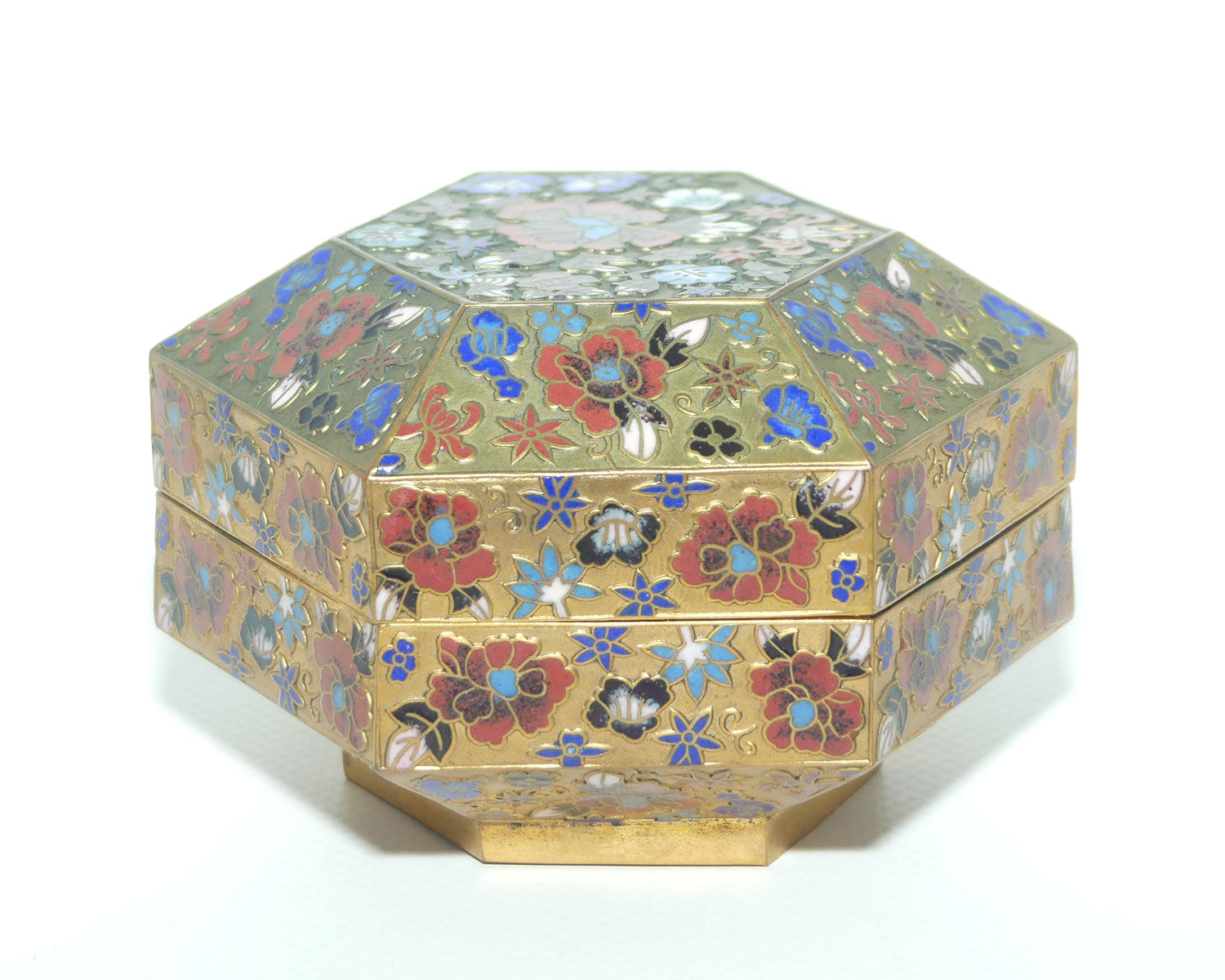 Early to Mid 20th Century Champleve Cloisonne hexagonal trinket box | Floral pattern