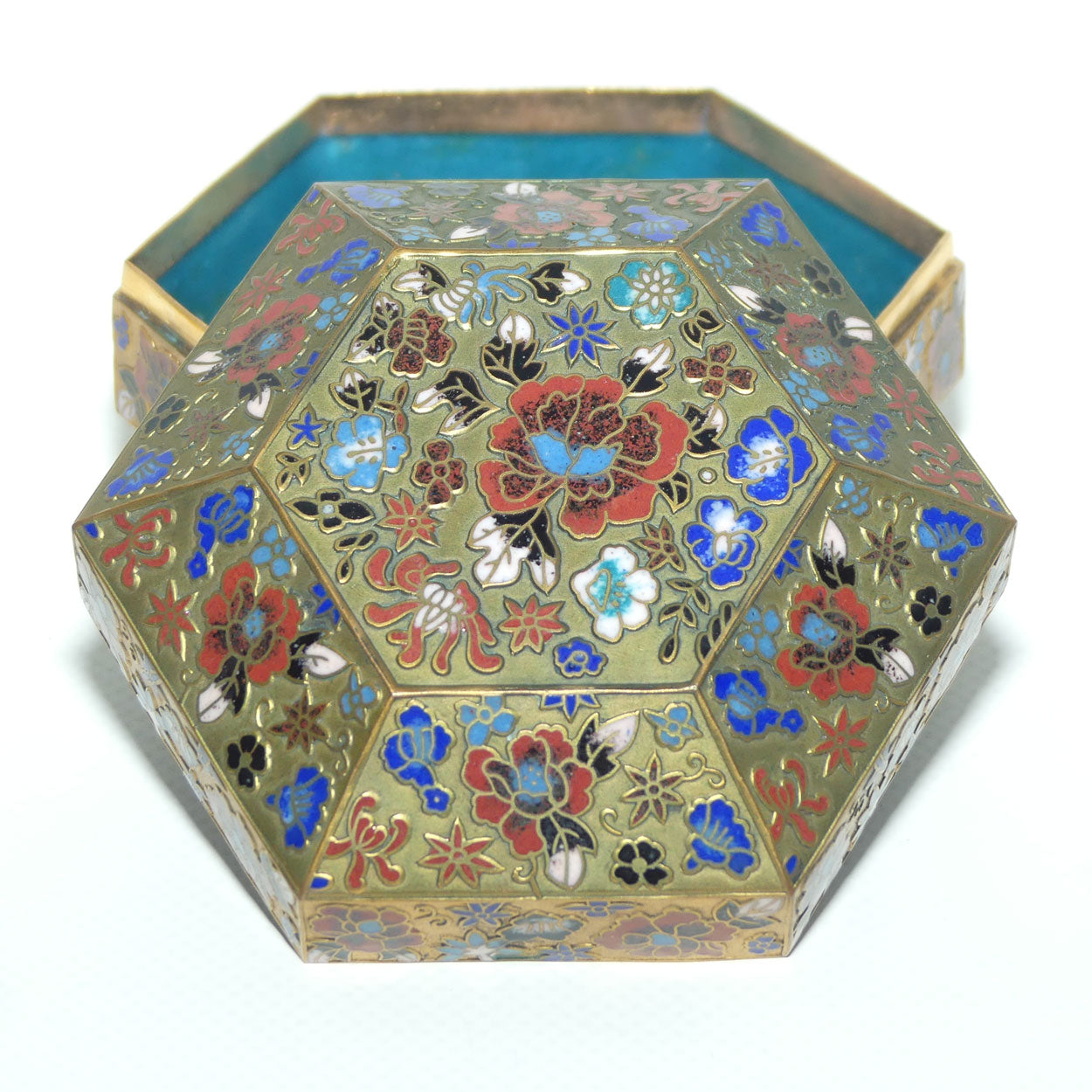Early to Mid 20th Century Champleve Cloisonne hexagonal trinket box | Floral pattern
