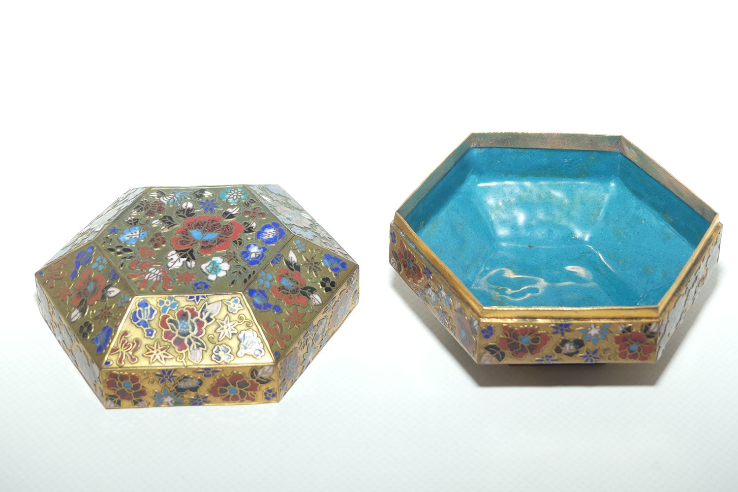 Early to Mid 20th Century Champleve Cloisonne hexagonal trinket box | Floral pattern