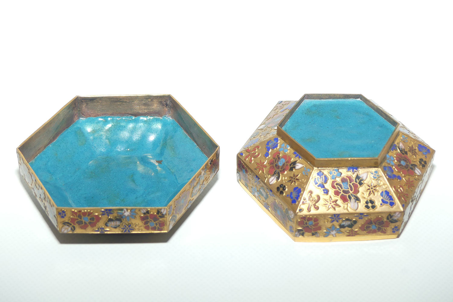 Early to Mid 20th Century Champleve Cloisonne hexagonal trinket box | Floral pattern