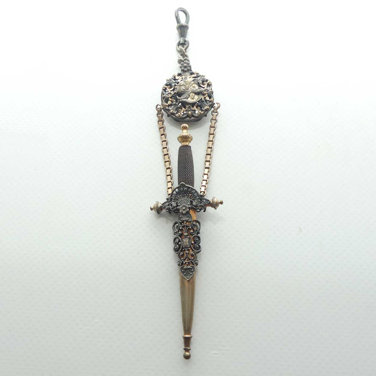 Victorian era Gilt Brass Chatelaine scissors in the form of dagger with secret mirror