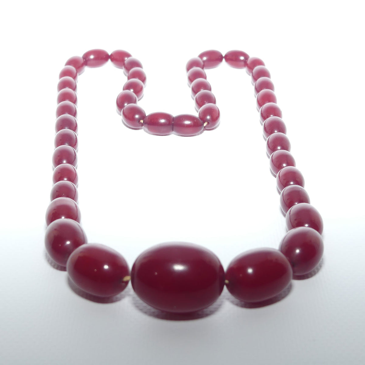 Mid Century Cherry Red Amber Bakelite Bead Necklace | Round Oval | 80cm total length