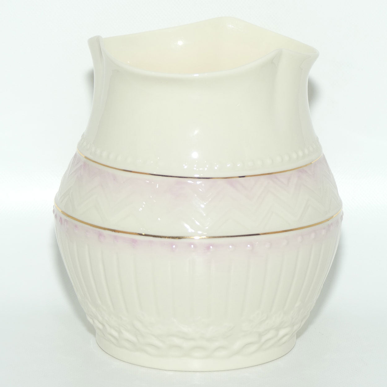 Belleek Embossed Chevrons pattern wide vase | Fluted Rim | Pink | Gold Mark
