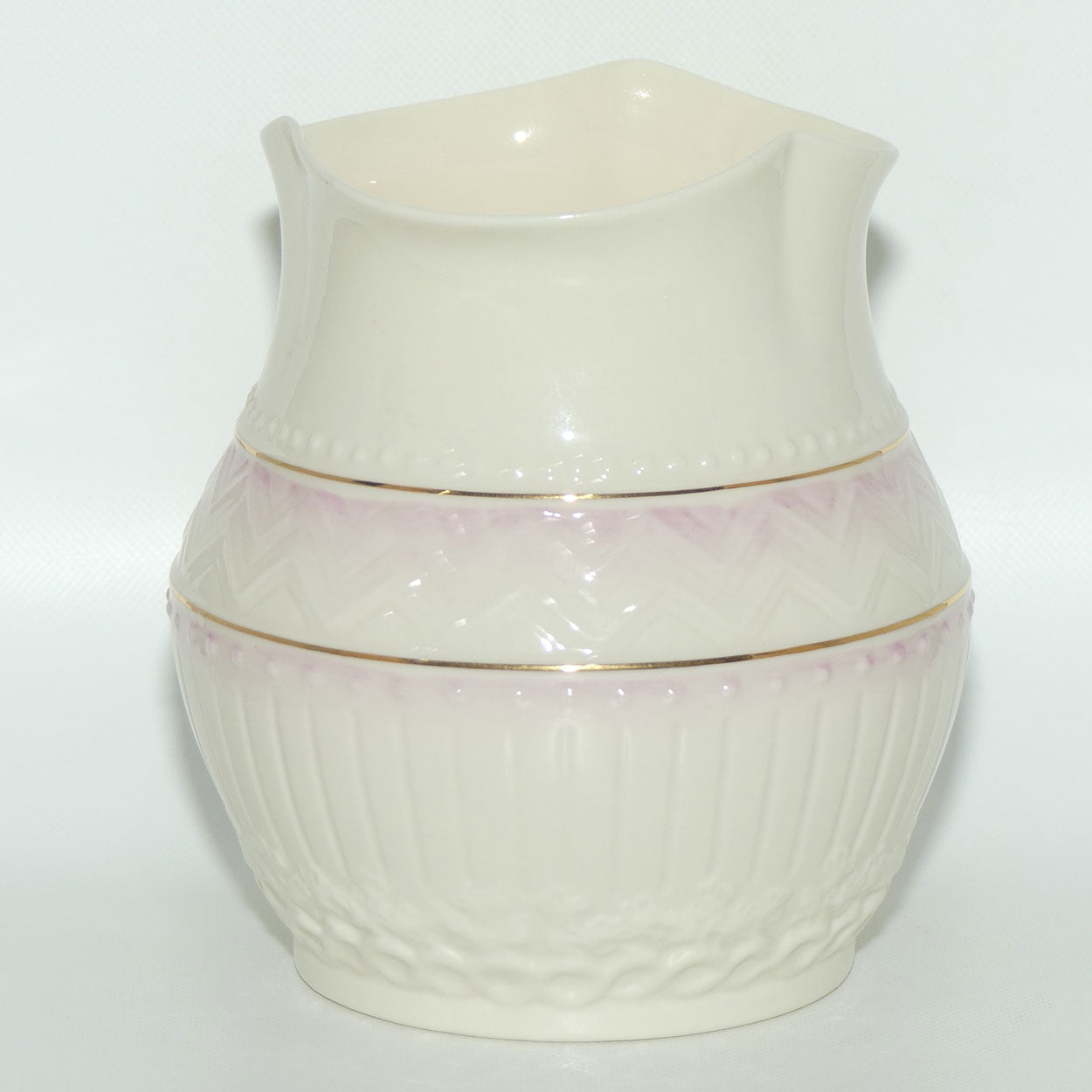 Belleek Embossed Chevrons pattern wide vase | Fluted Rim | Pink | Gold Mark