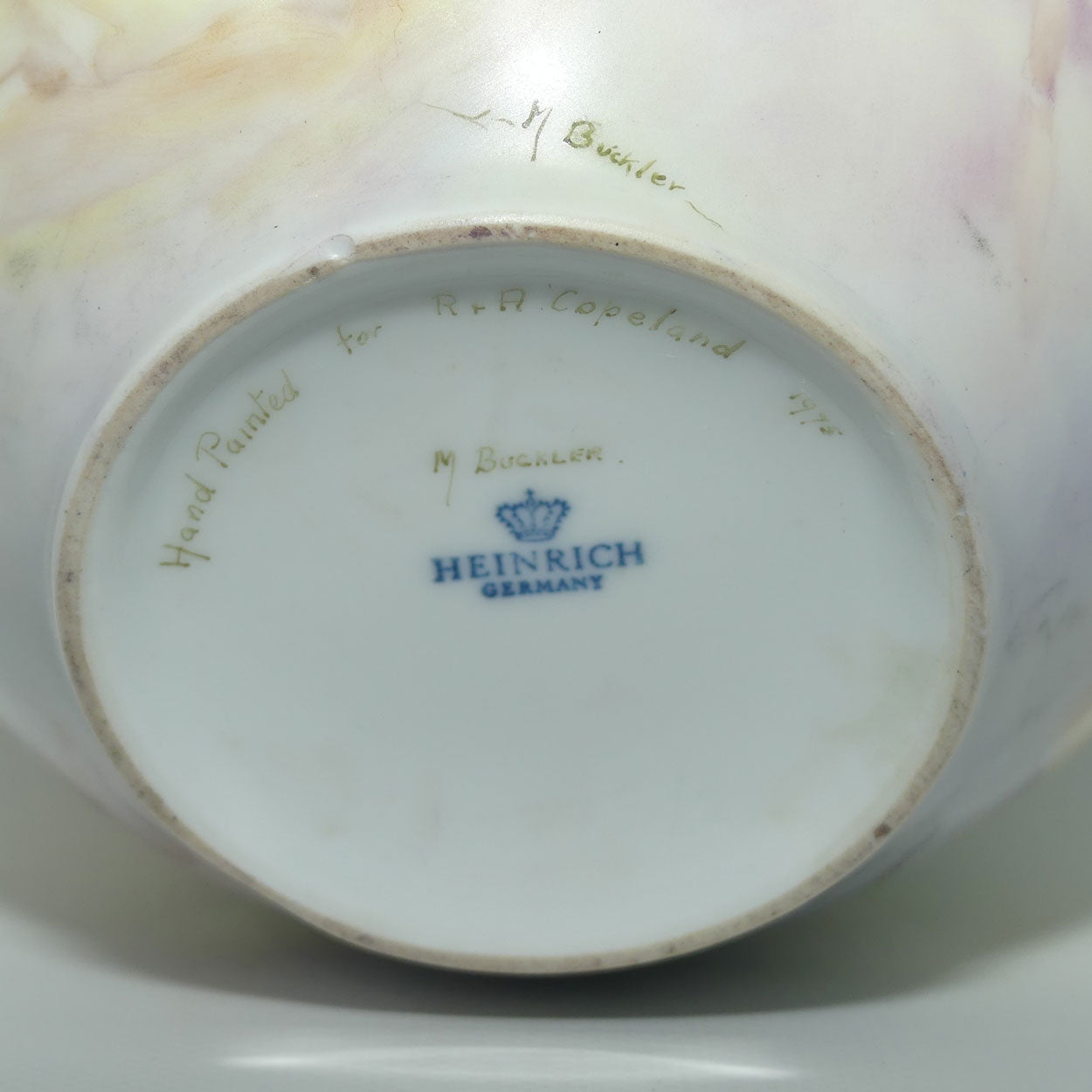 Australian China Painted vase | depicting Camellias by M Buckler 1978