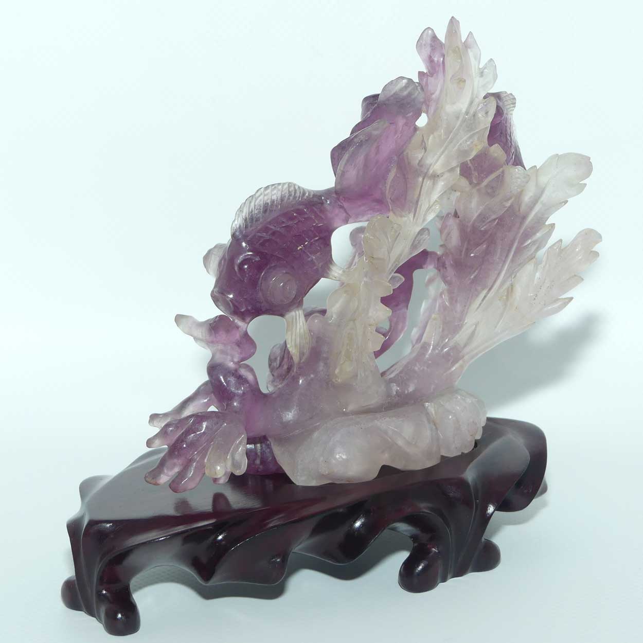 Mid 20th Century Chinese Flourite Carving of Long Tail Goldfish on wooden stand