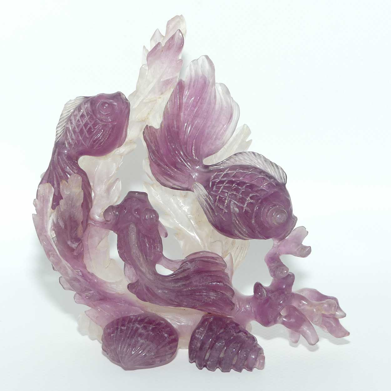 Mid 20th Century Chinese Flourite Carving of Long Tail Goldfish on wooden stand