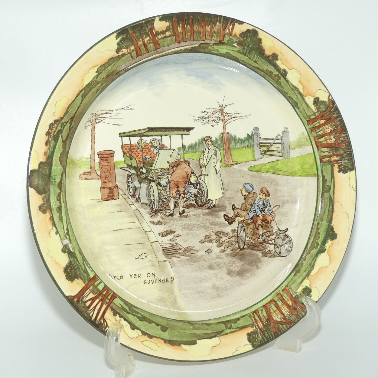 Royal Doulton Early Motoring chop plate D2406: 'Itch yer on...