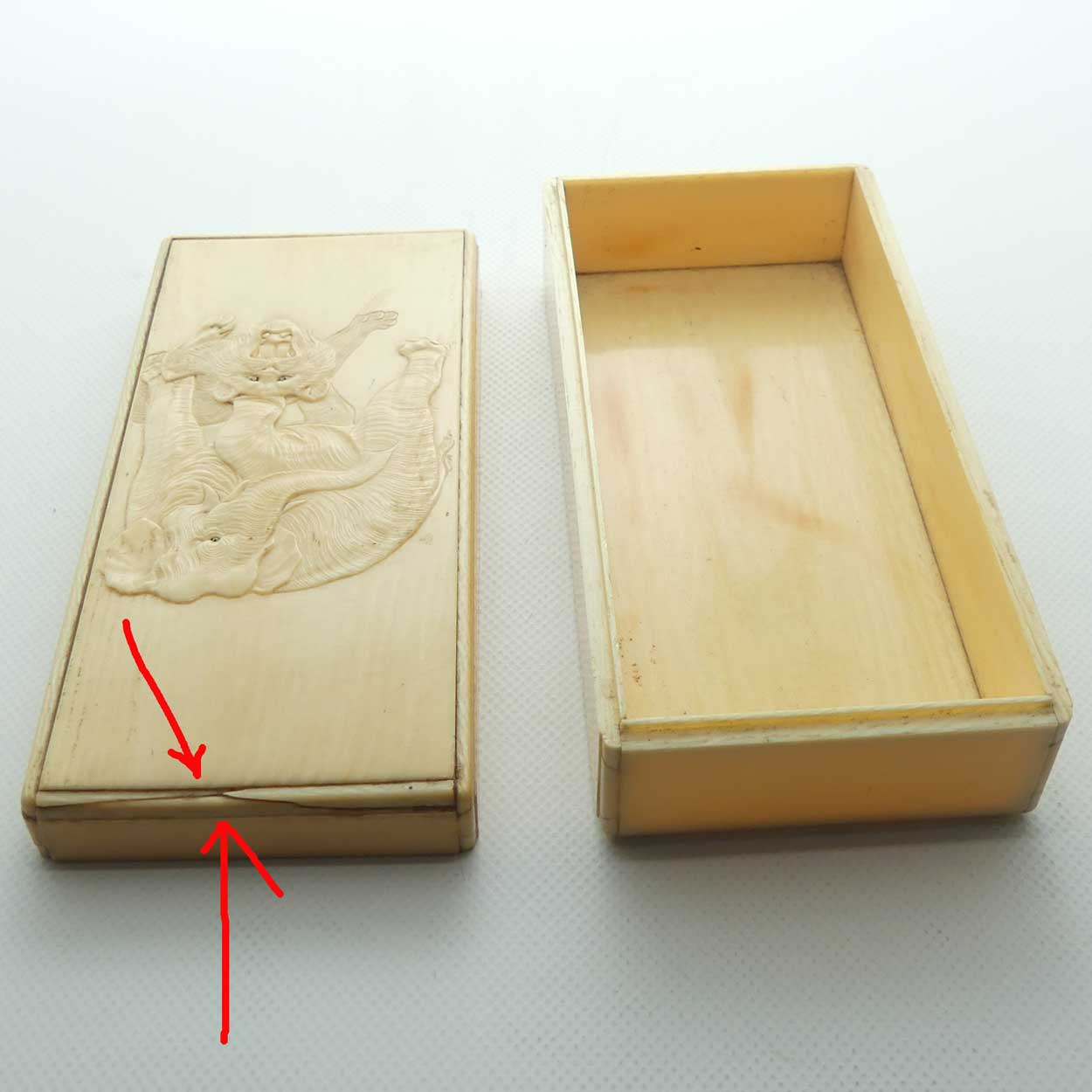 Carved Ivory trinket box depicting Elephant and Tiger