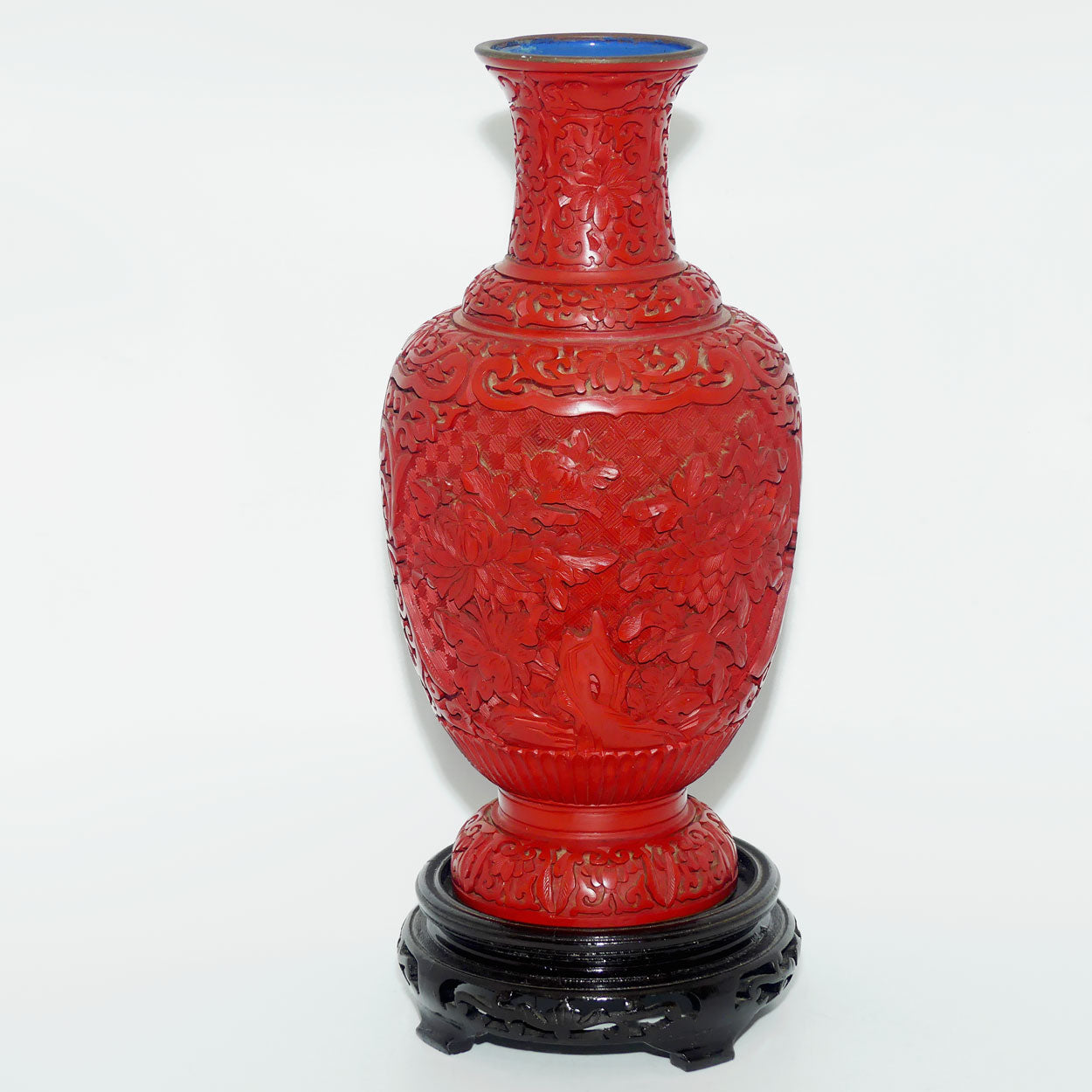 Very tall Cinnabar on Enamelled Brass Floral design vase with wooden Base | 35cm
