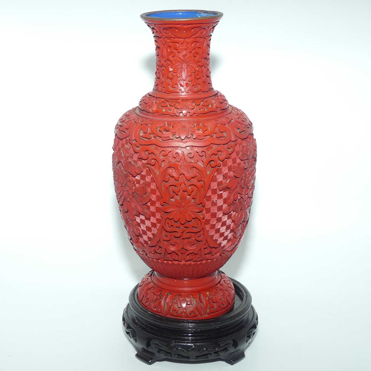 Very tall Cinnabar on Enamelled Brass Floral design vase with wooden Base | 35cm