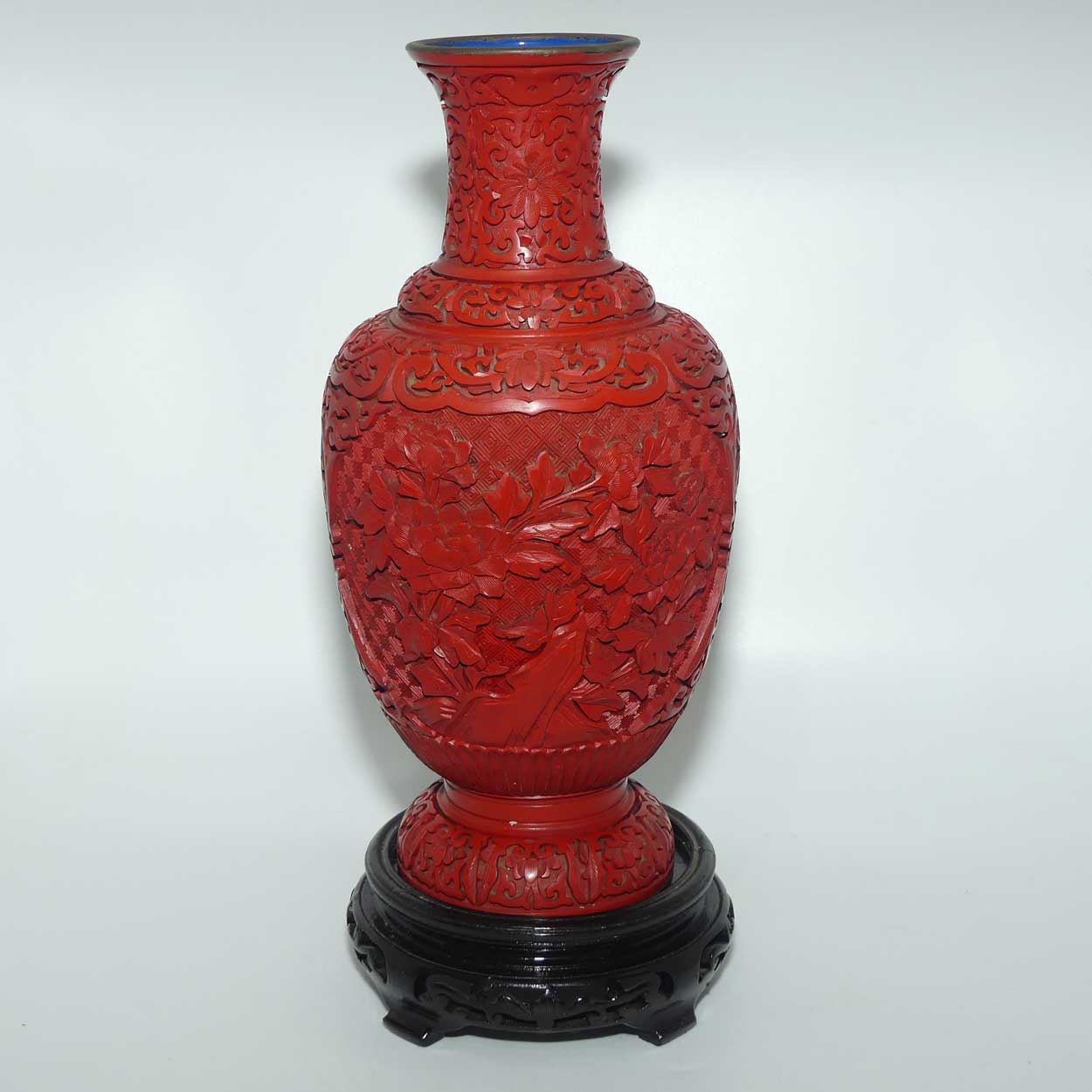 Very tall Cinnabar on Enamelled Brass Floral design vase with wooden Base | 35cm