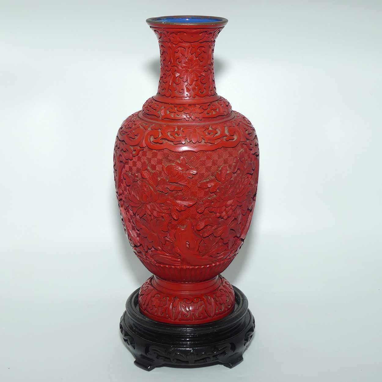 Very tall Cinnabar on Enamelled Brass Floral design vase with wooden Base | 35cm