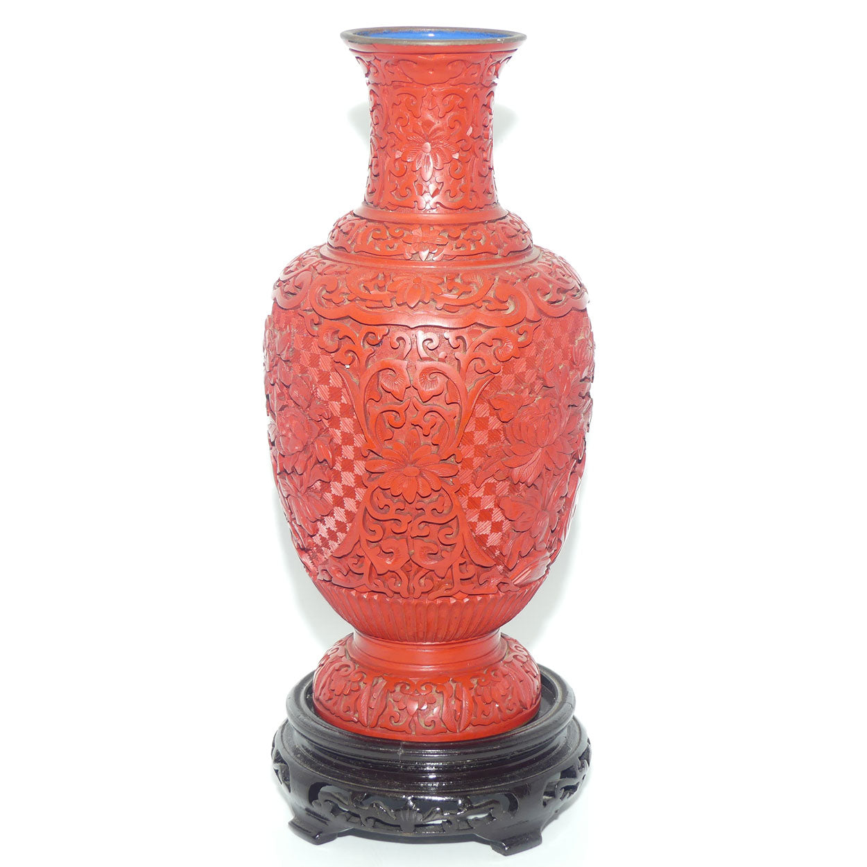 Very tall Cinnabar on Enamelled Brass Floral design vase with wooden Base | 35cm
