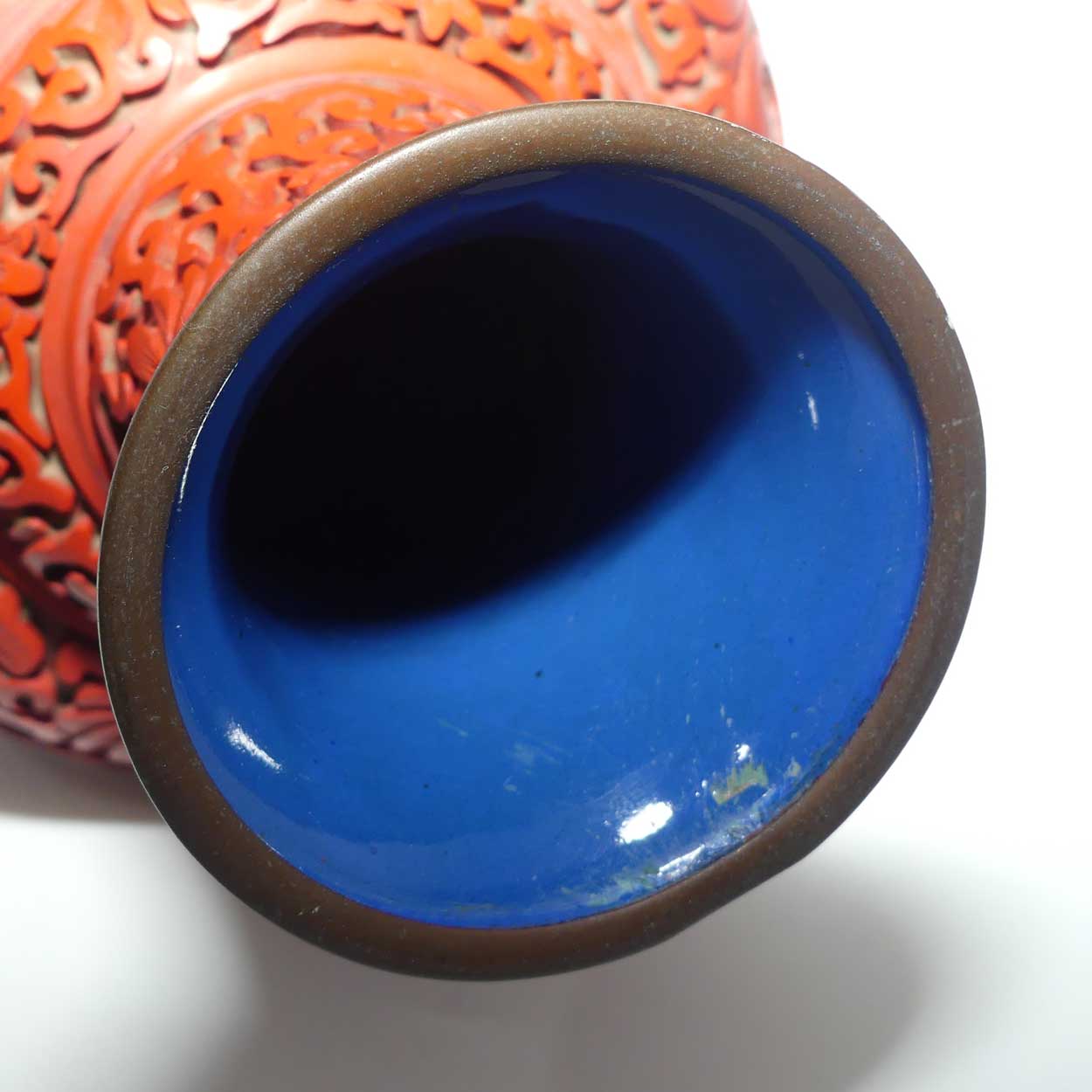 Very tall Cinnabar on Enamelled Brass Floral design vase with wooden Base | 35cm