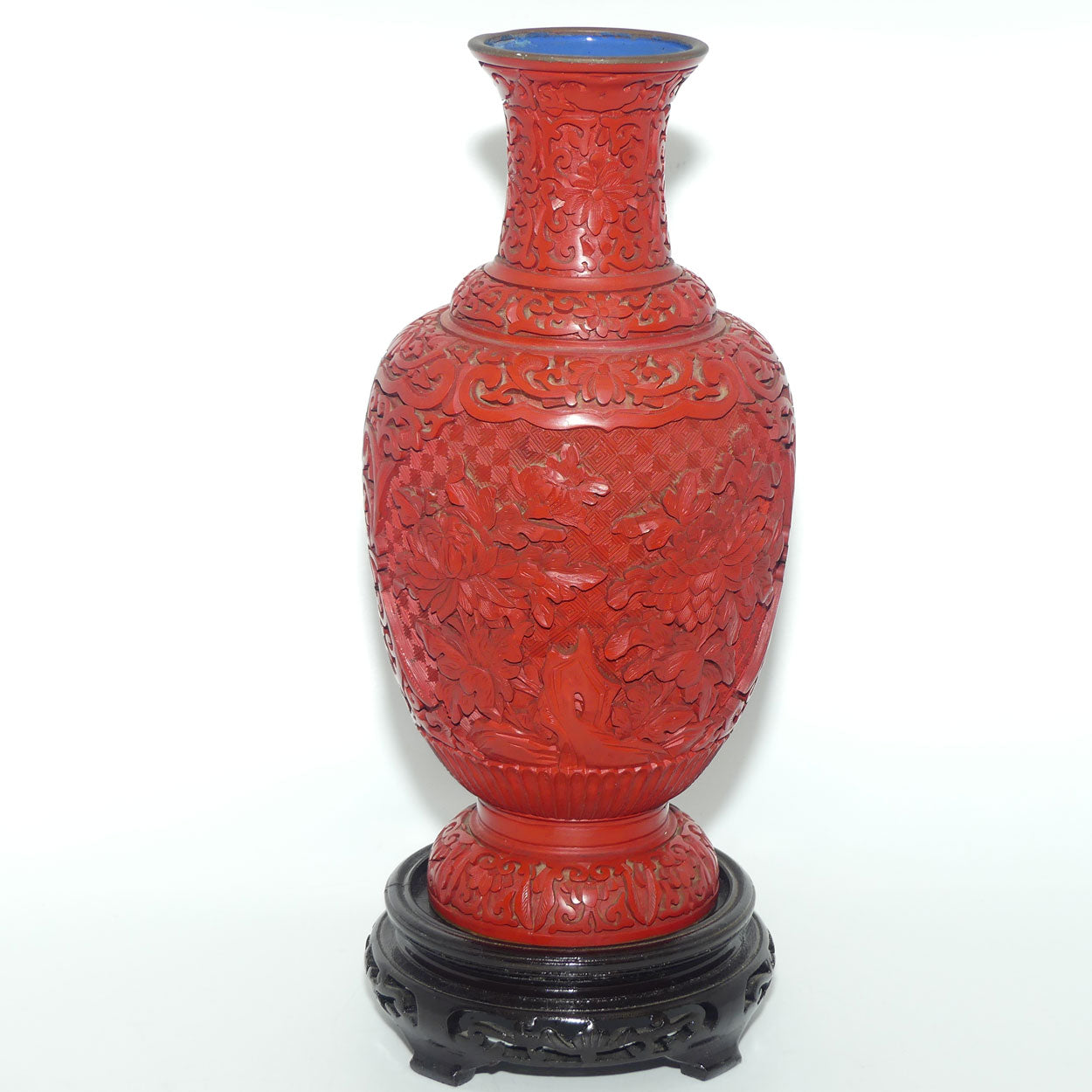 Very tall Cinnabar on Enamelled Brass Floral design vase with wooden Base | 35cm
