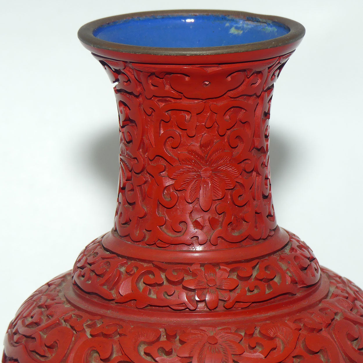 Very tall Cinnabar on Enamelled Brass Floral design vase with wooden Base | 35cm
