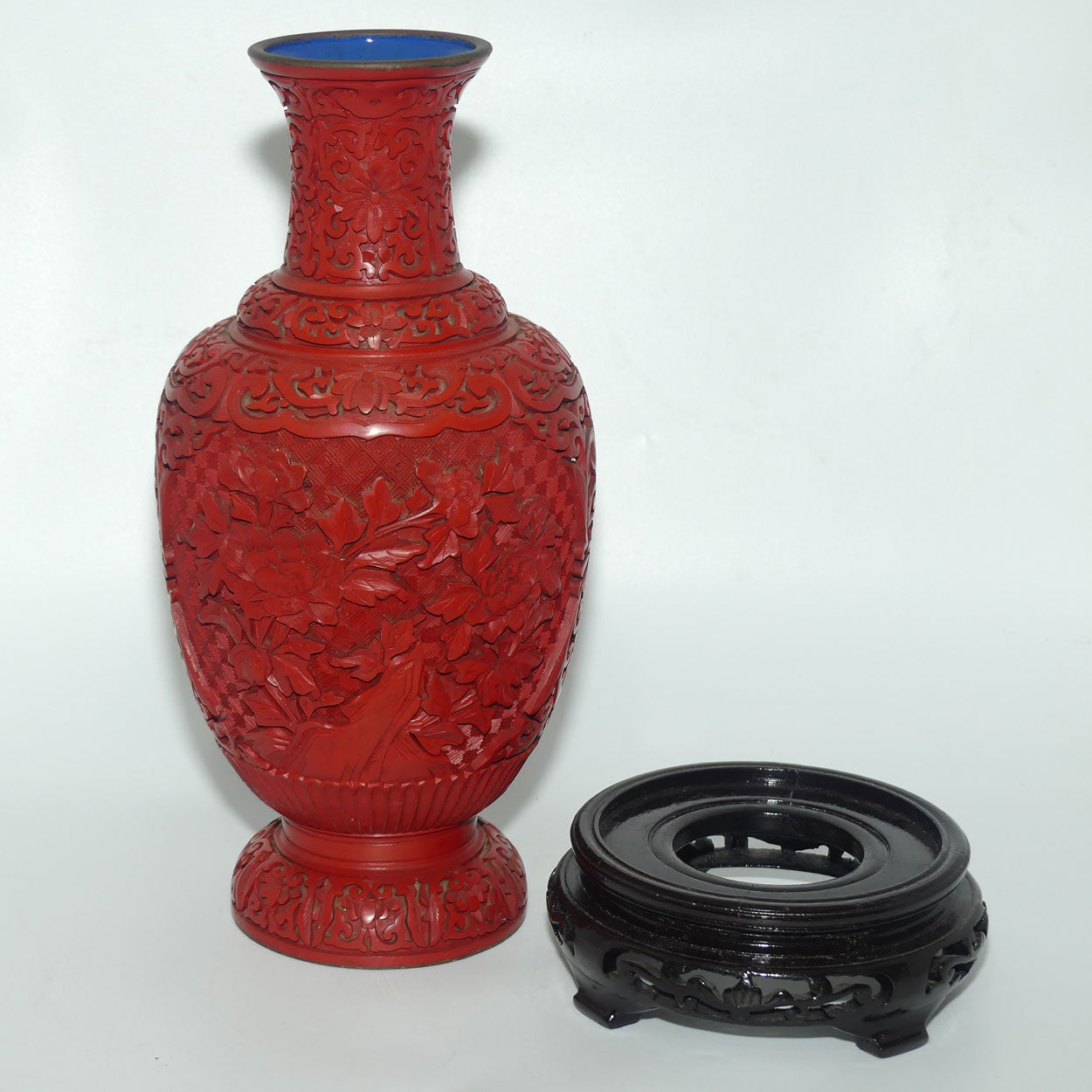 Very tall Cinnabar on Enamelled Brass Floral design vase with wooden Base | 35cm