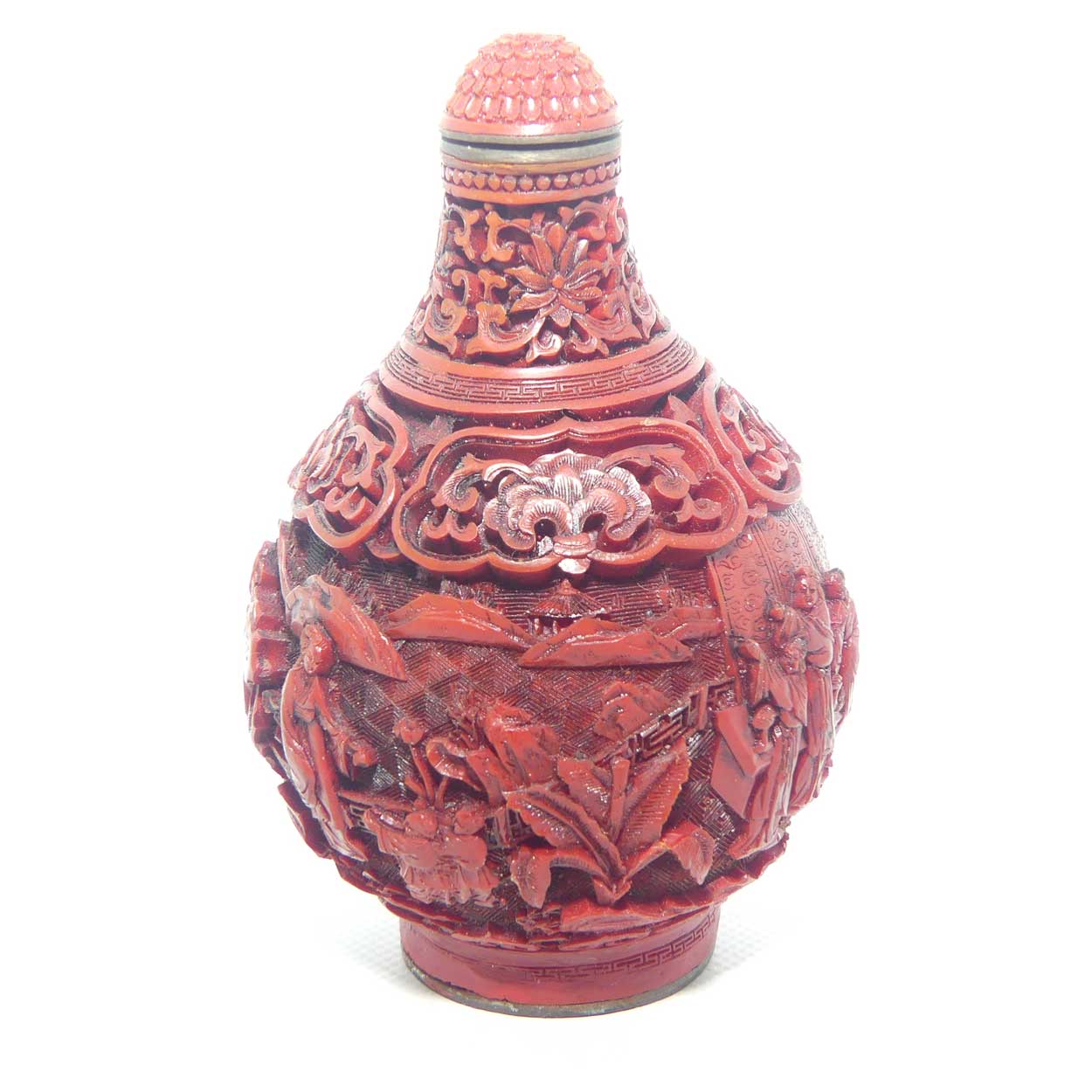 Larger size Cinnabar circular shape snuff bottle | Village and Lake scene