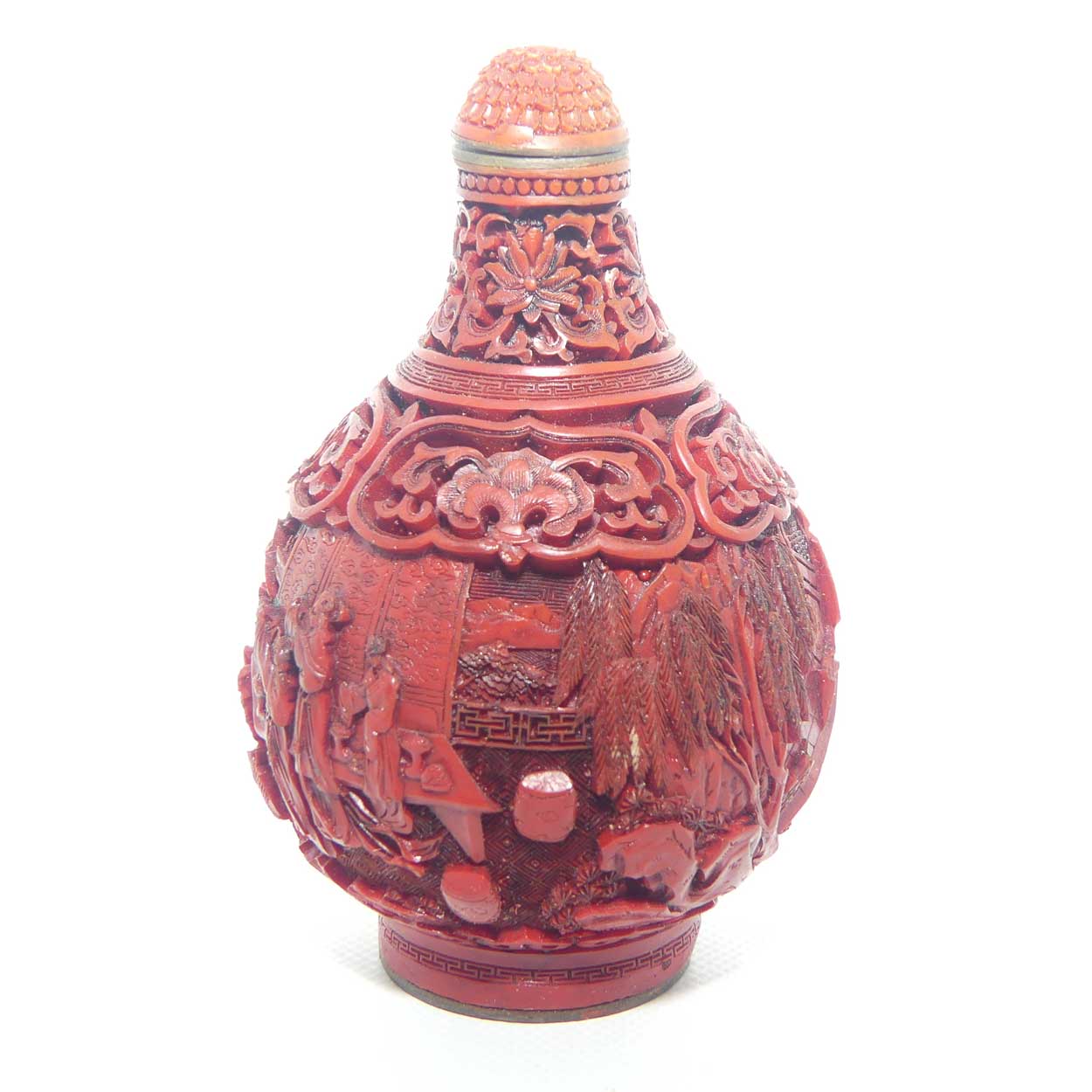Larger size Cinnabar circular shape snuff bottle | Village and Lake scene