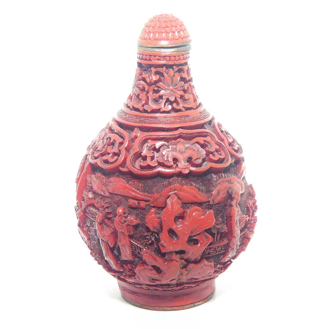 Larger size Cinnabar circular shape snuff bottle | Village and Lake scene