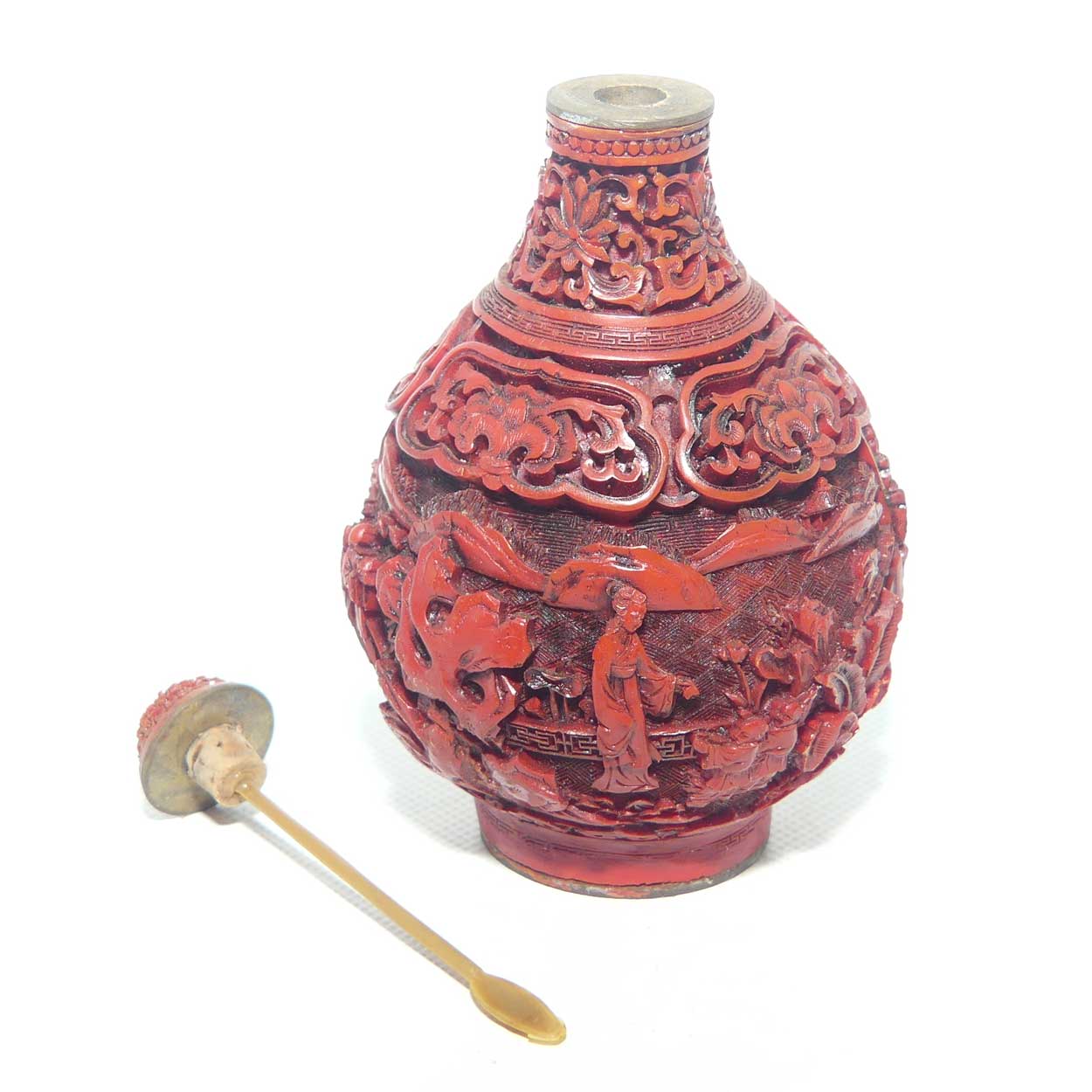 Larger size Cinnabar circular shape snuff bottle | Village and Lake scene