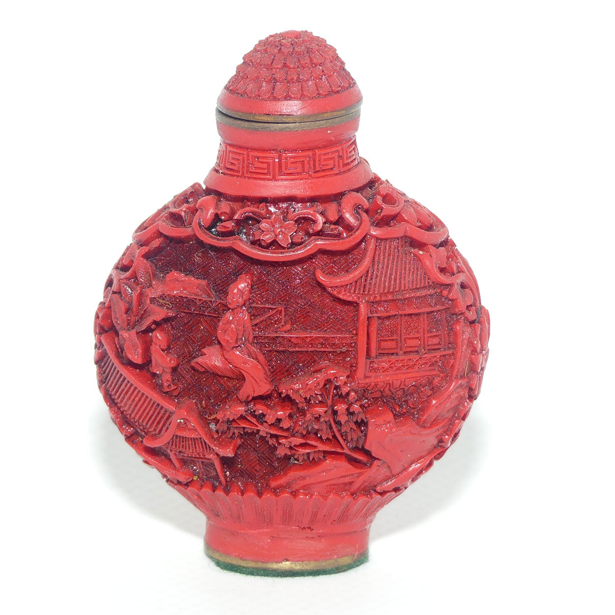Chinese Cinnabar round shape snuff bottle | House on the Lake scene