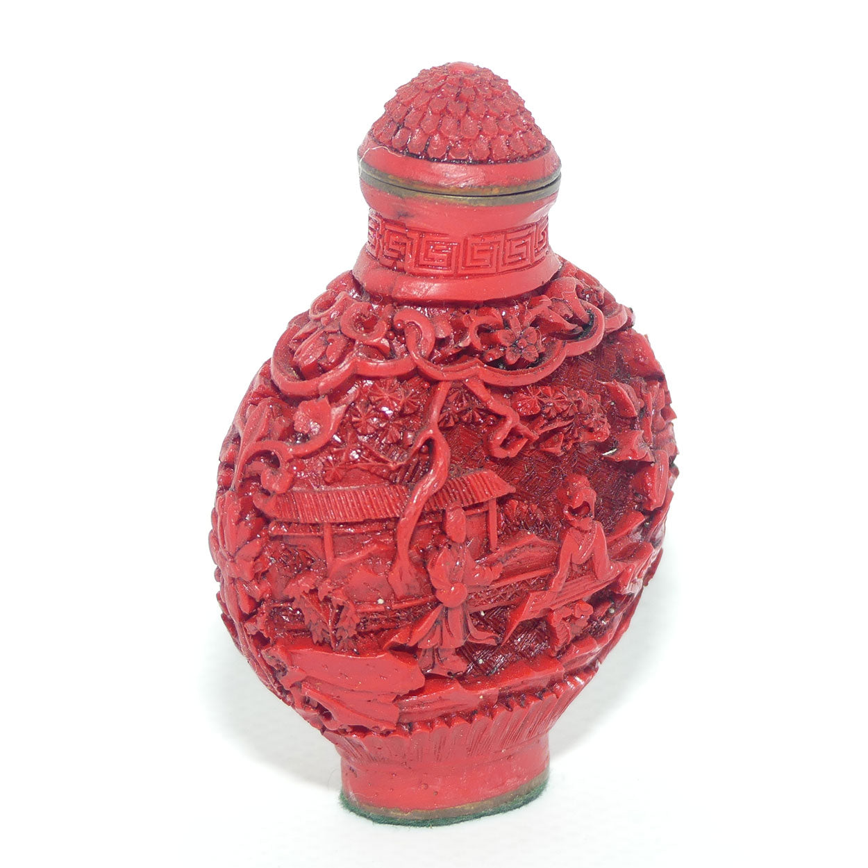 Chinese Cinnabar round shape snuff bottle | House on the Lake scene