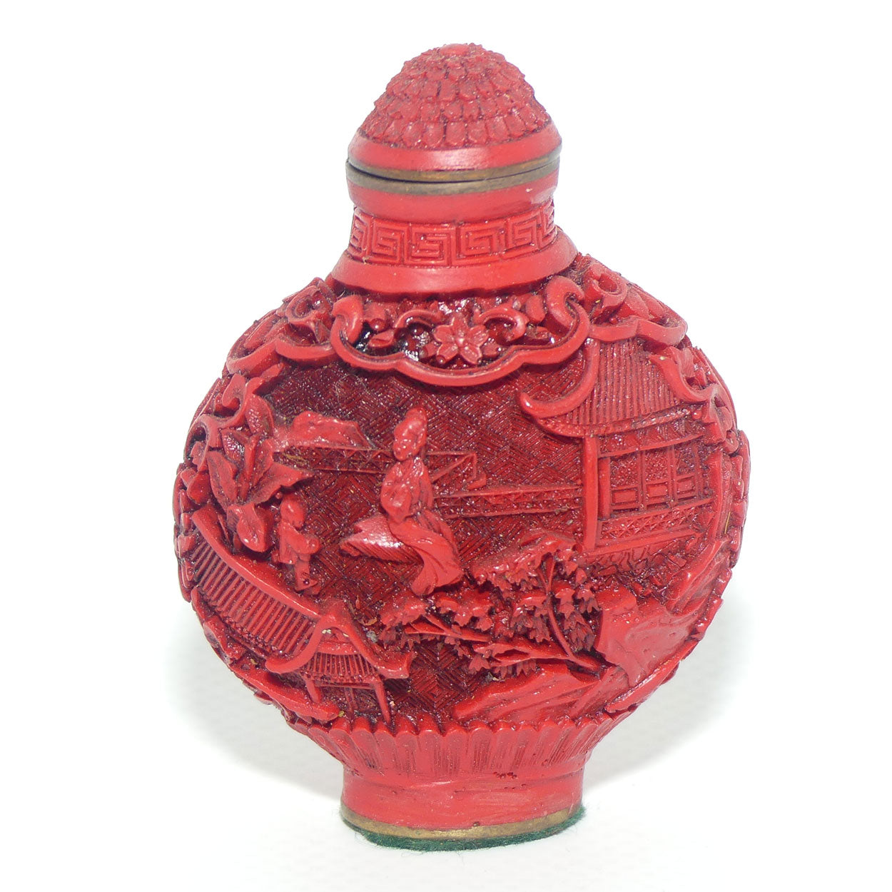 Chinese Cinnabar round shape snuff bottle | House on the Lake scene