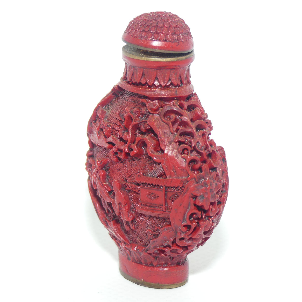 Chinese Cinnabar round shape snuff bottle | #2 | People at the Lake scene