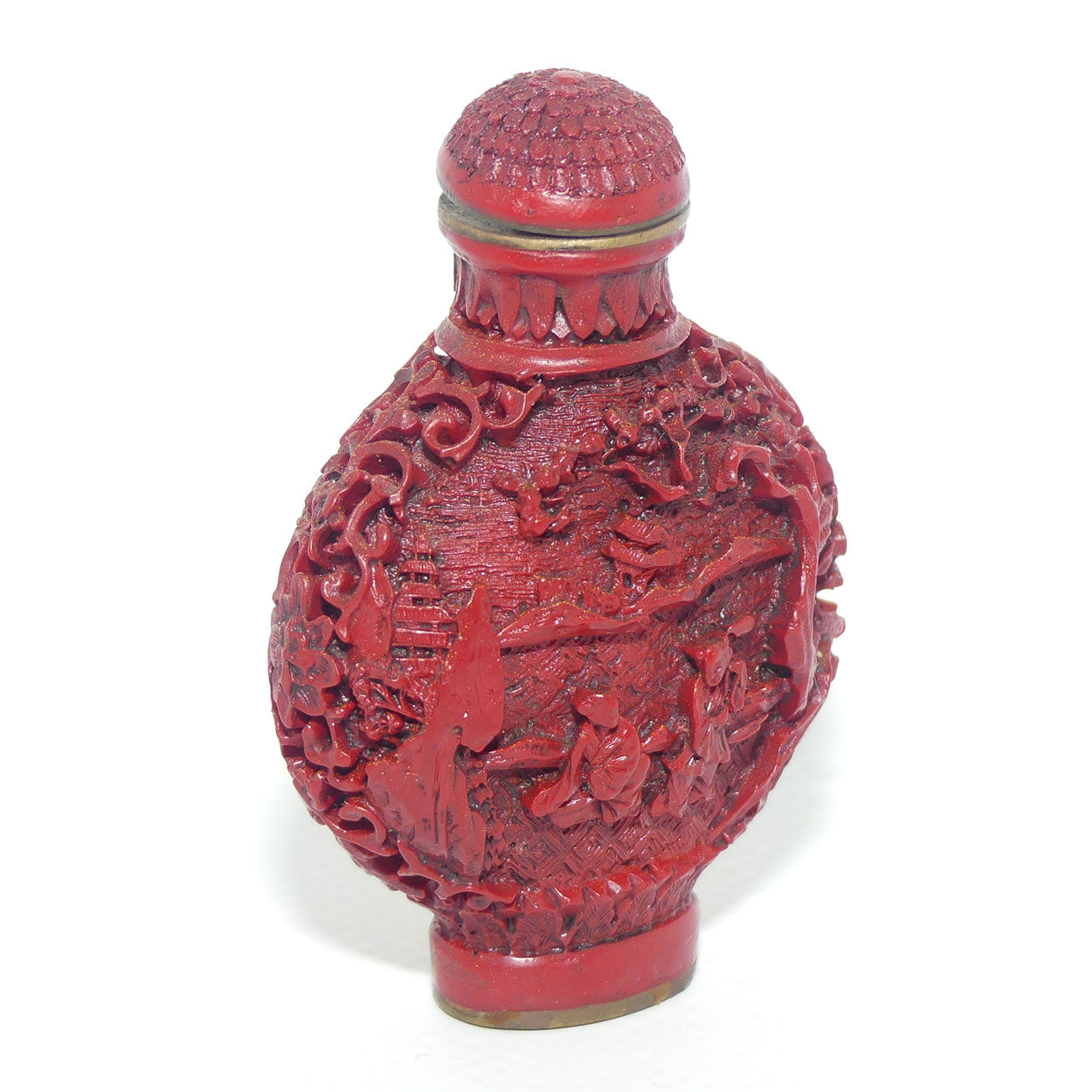 Chinese Cinnabar round shape snuff bottle | #2 | People at the Lake scene