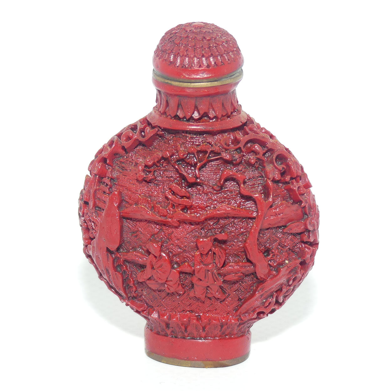 Chinese Cinnabar round shape snuff bottle | #2 | People at the Lake scene