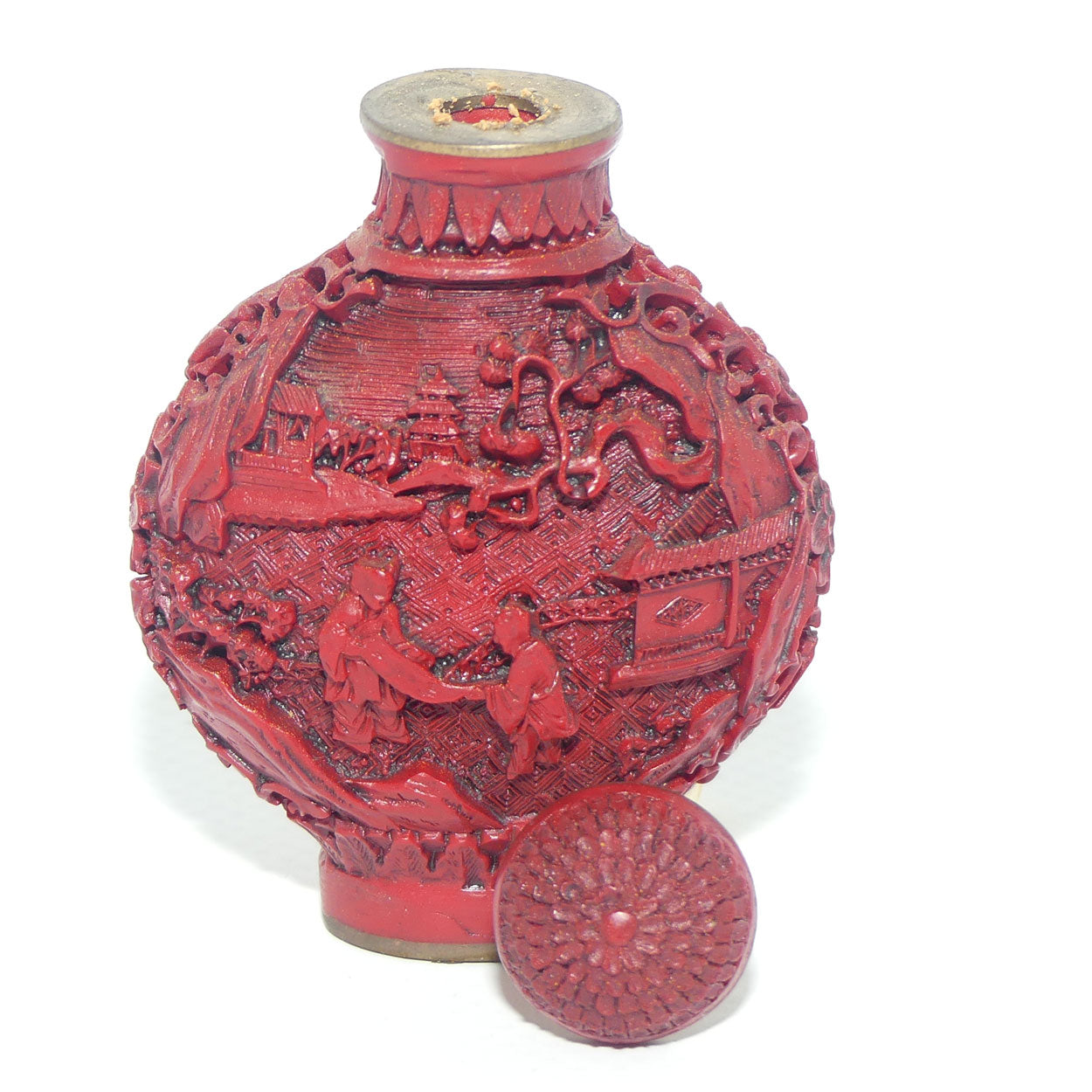 Chinese Cinnabar round shape snuff bottle | #2 | People at the Lake scene