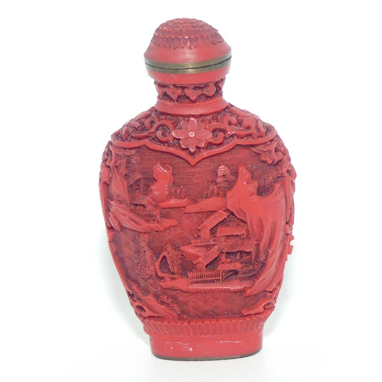Small Cinnabar tapering shape snuff bottle | House on the Lake scene