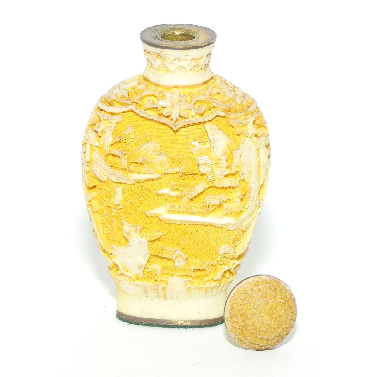 Chinese White Yellow Cinnabar snuff bottle | Village and Lake scene