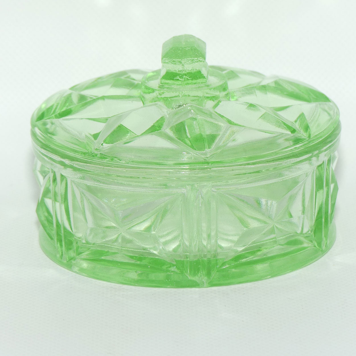 Green Depression Glass round cheese or butter dish | Art Deco pattern