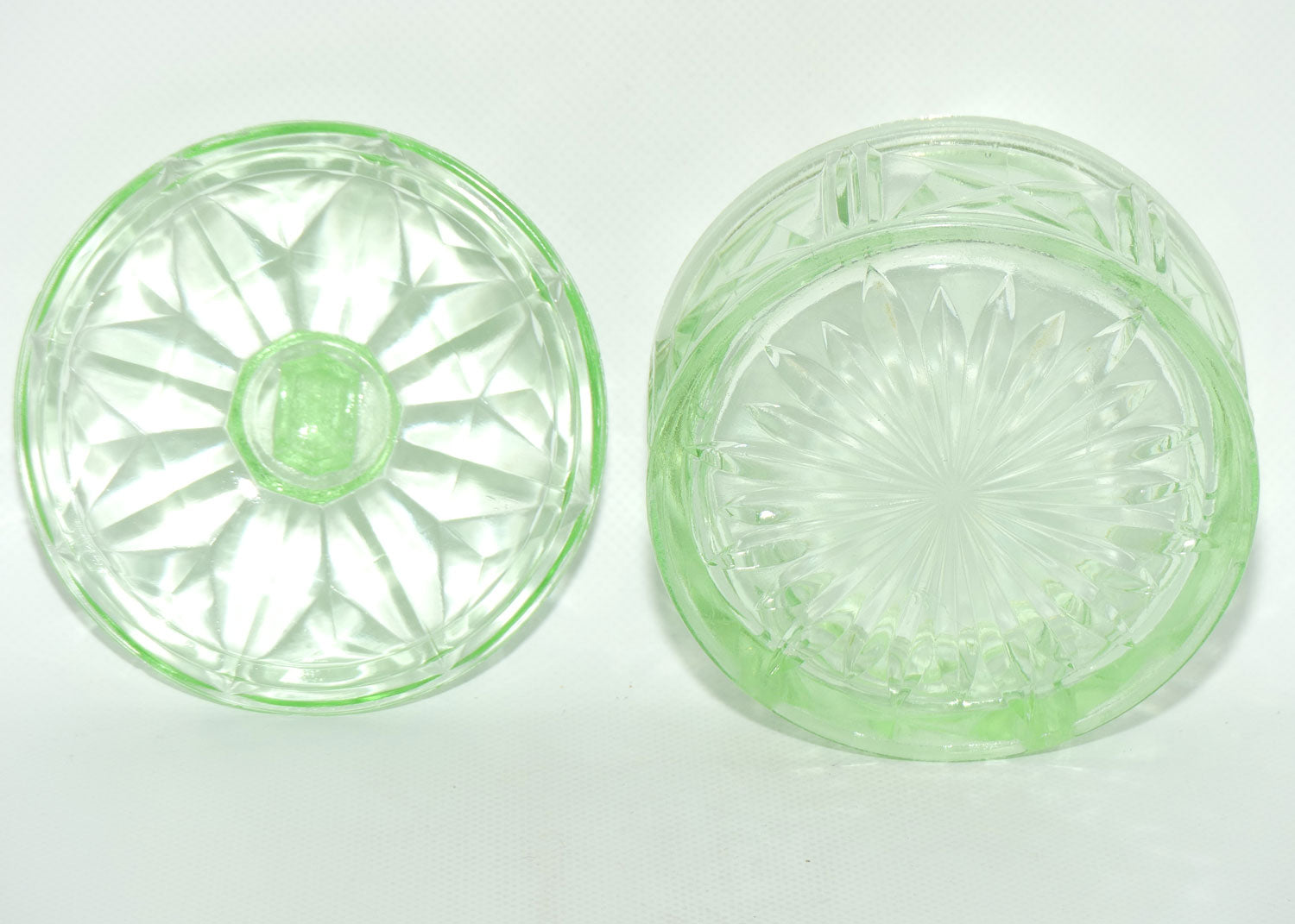 Green Depression Glass round cheese or butter dish | Art Deco pattern