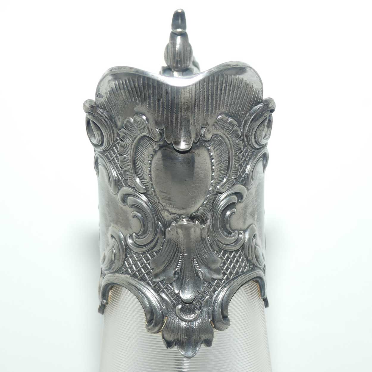 Late Victorian Brittania metal mounted threaded glass claret jug