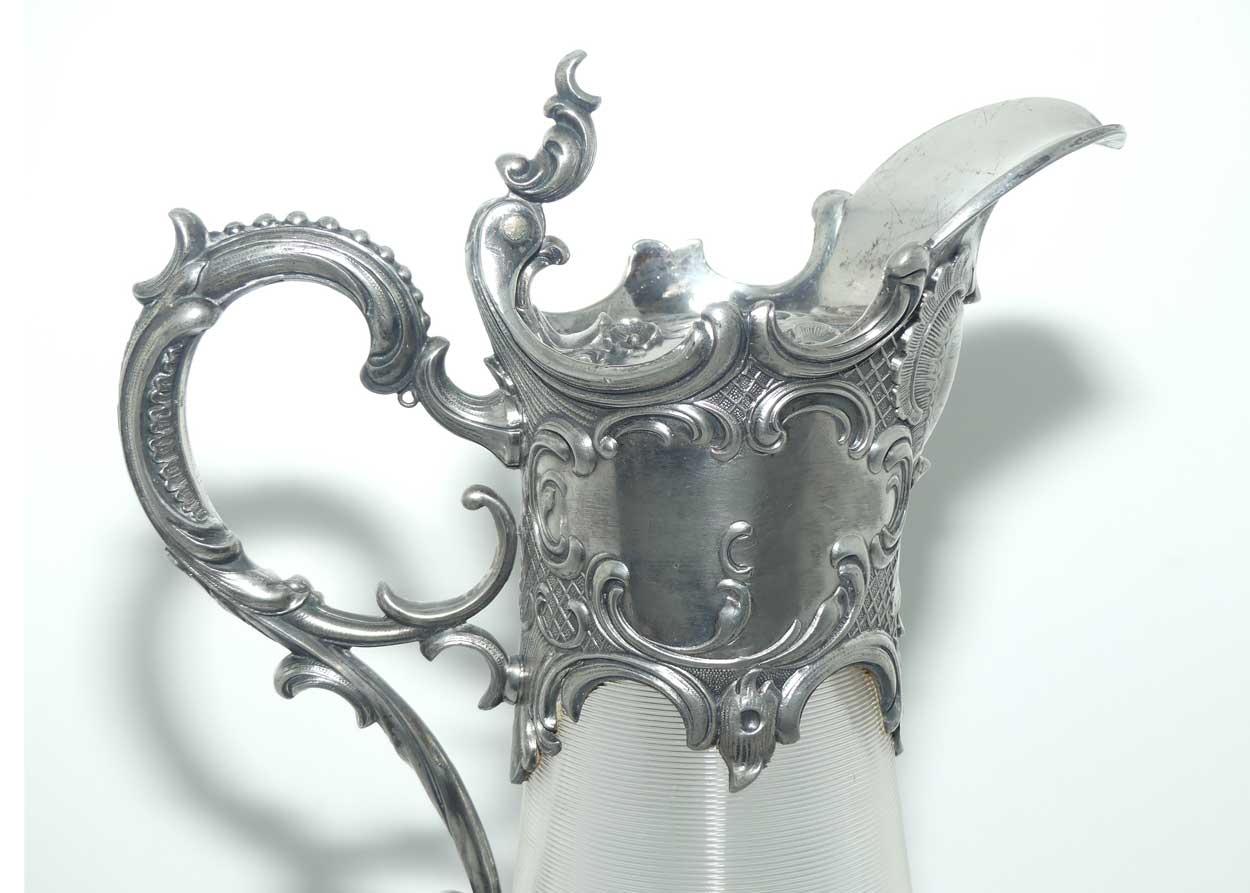 Late Victorian Brittania metal mounted threaded glass claret jug