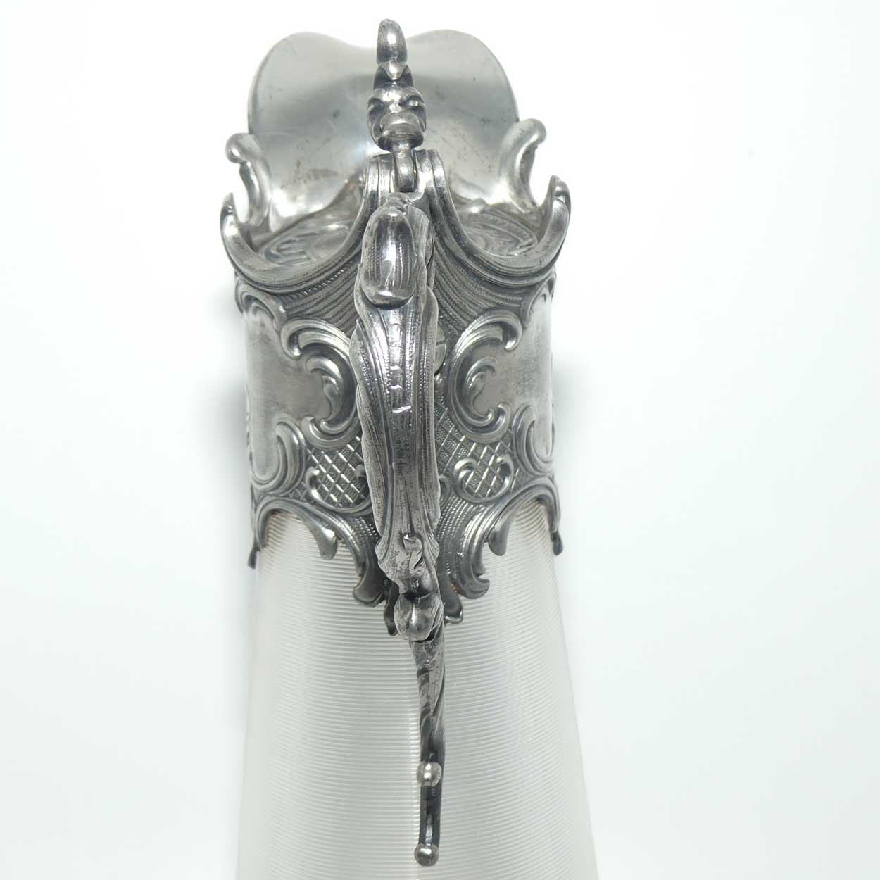 Late Victorian Brittania metal mounted threaded glass claret jug