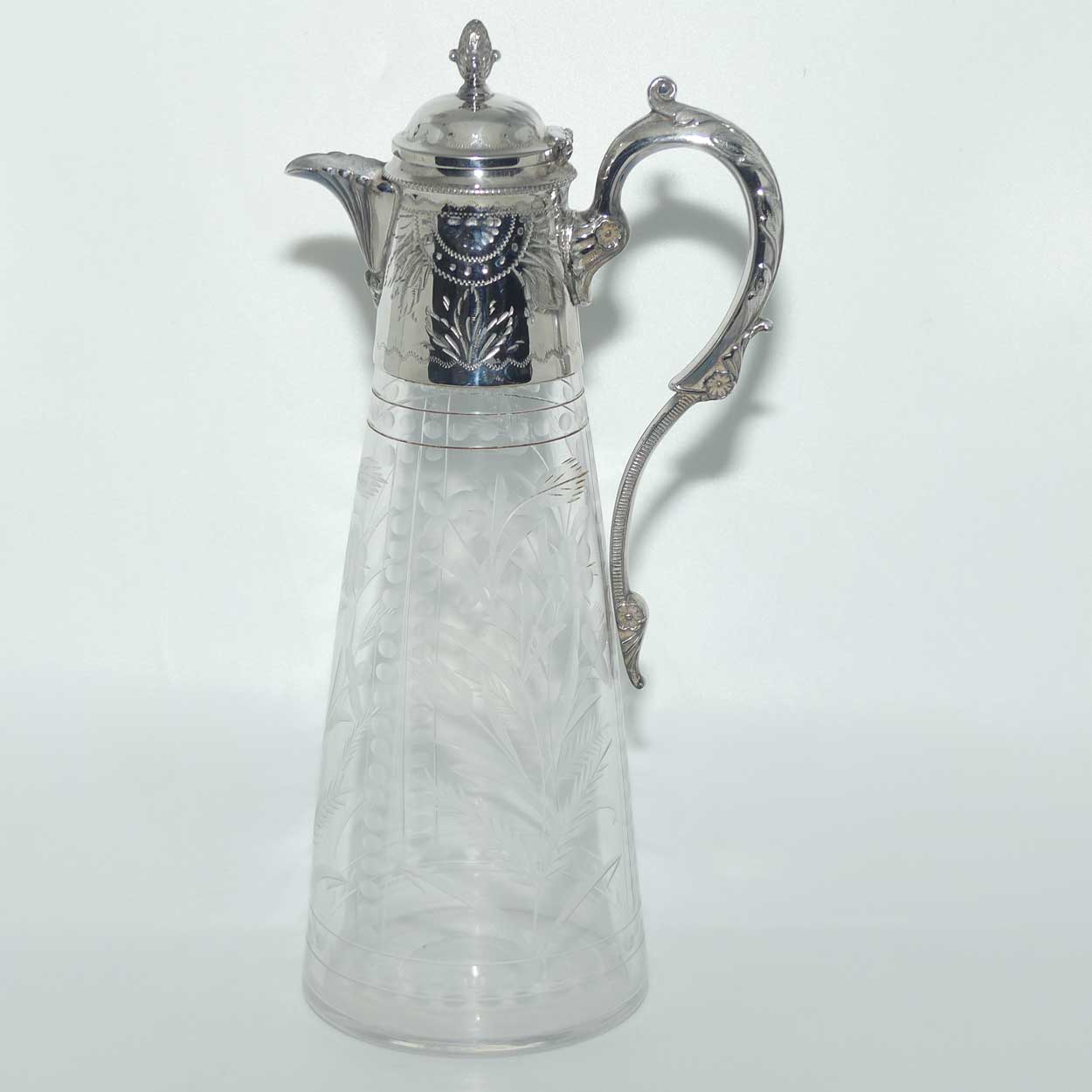 Late Victorian narrow etched claret jug with plated mounts