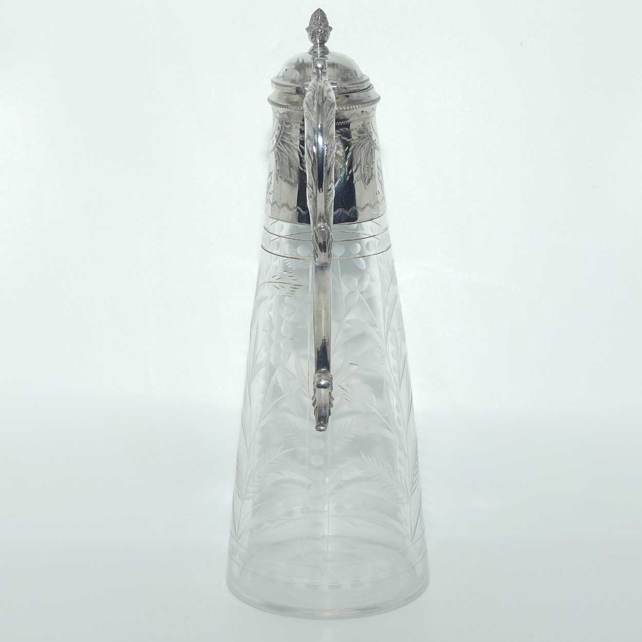 Late Victorian narrow etched claret jug with plated mounts